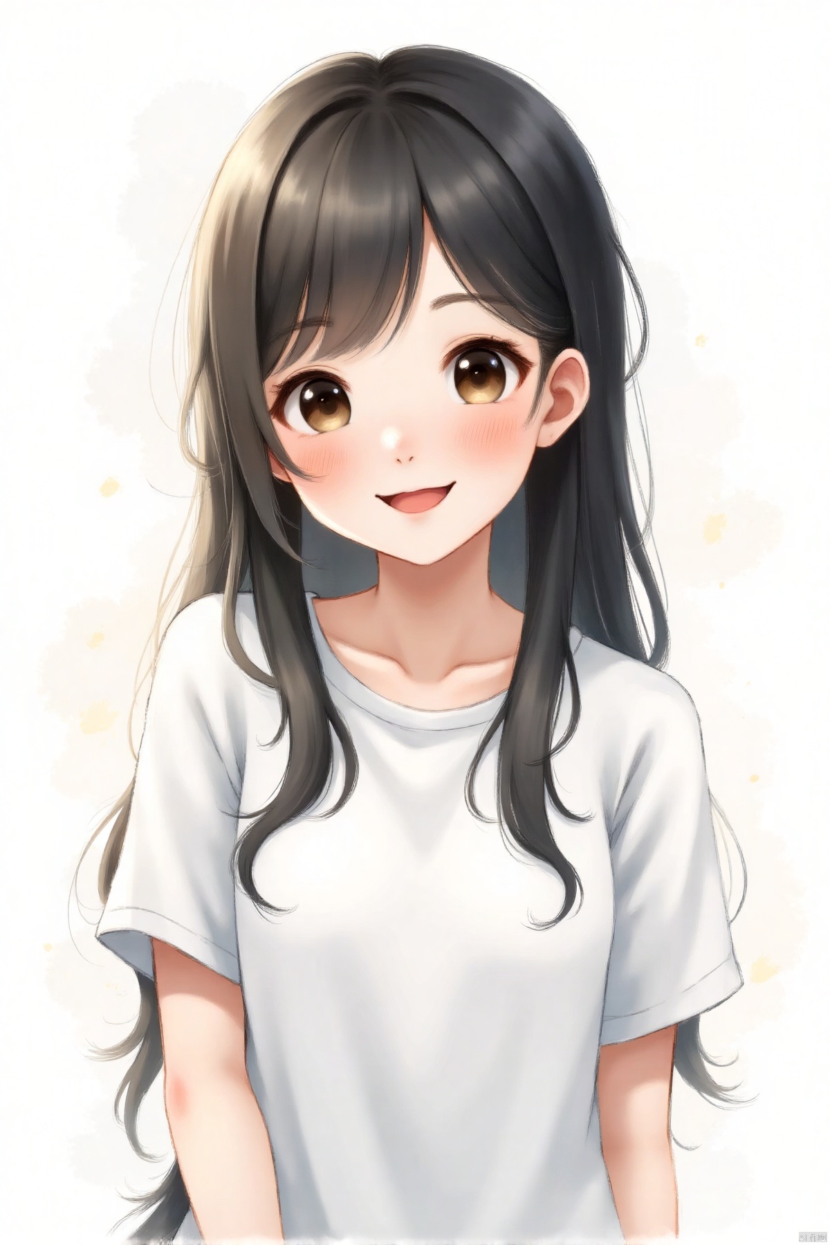 1 beautiful girl, 1 girl, black hair, long hair, powder blusher, upper body, white shirt, short sleeve, white background, adding details, clean, yellow tone, grinning,