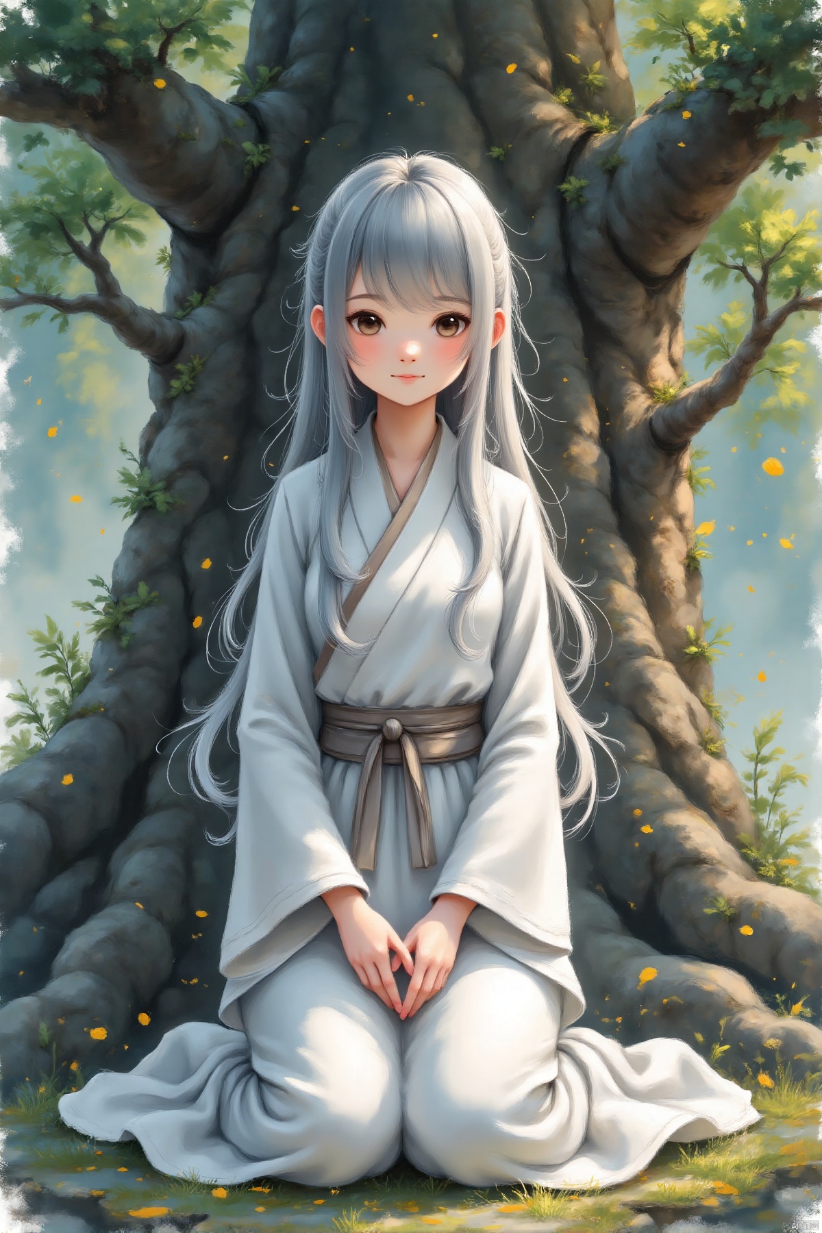 A girl with long hair, gray and white, blind eyes, wearing a long sleeved robe, sitting under a big tree, with close ups of her hands, fair and slender. Place your hands on your knees.,