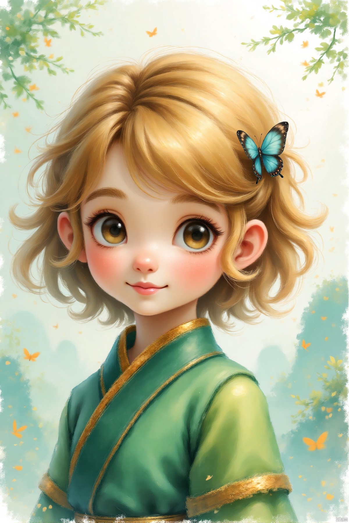 Beautiful girl, short hair, delicate face, half body, pure eyes, butterfly, long eyelashes, green clothing model