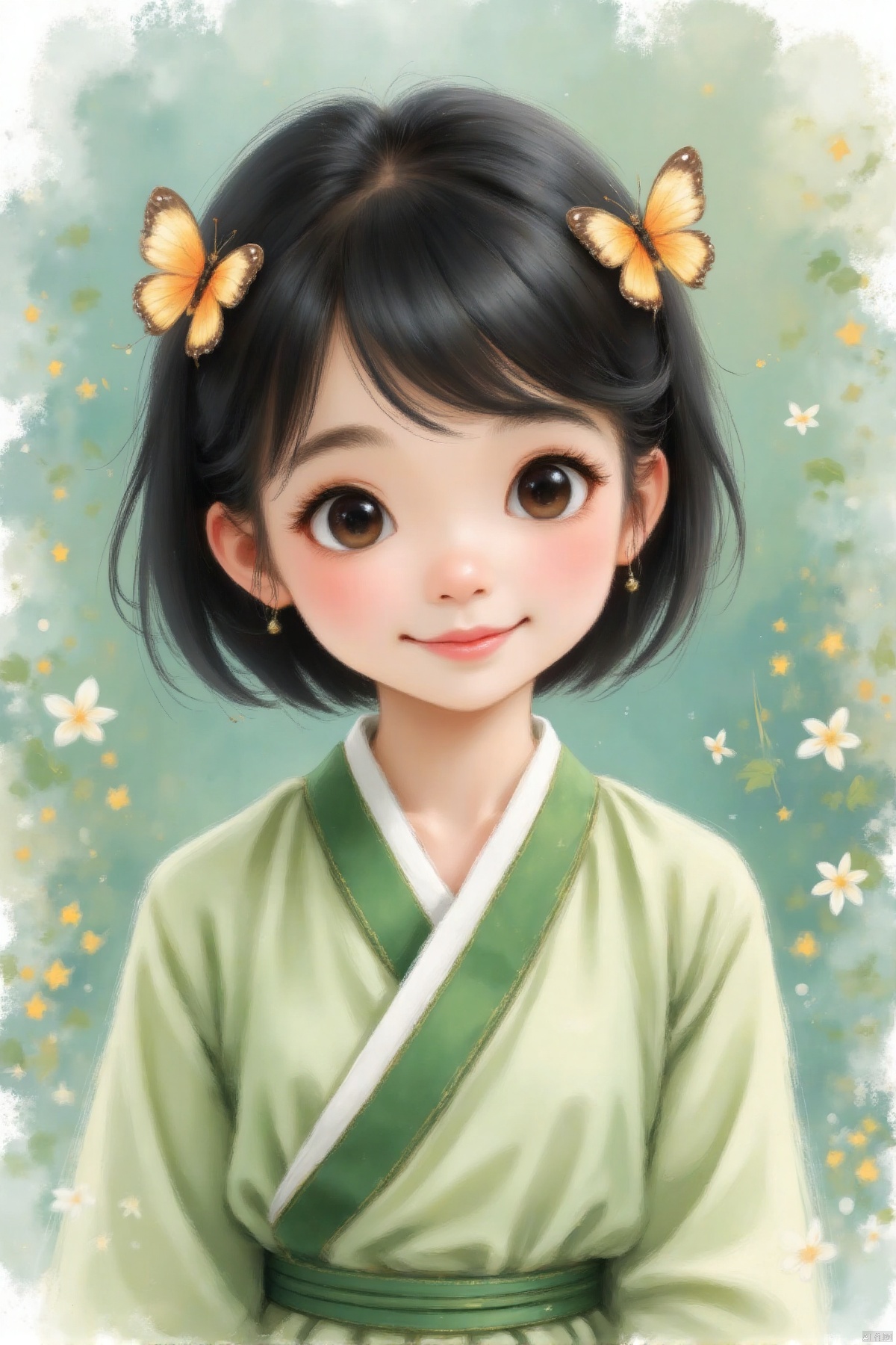 xhhieu,Beautiful girl, short hair, delicate face, half body, pure eyes, butterfly, long eyelashes, green clothing model