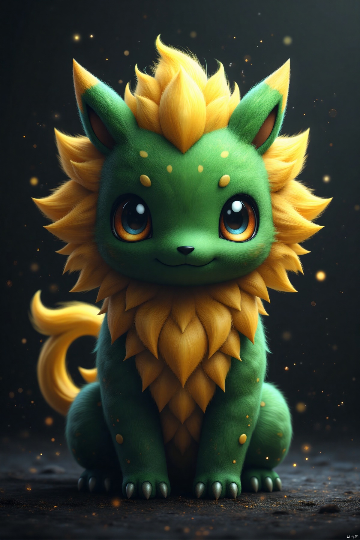yishou,(cute and chubby Chinese green lion),(golden hair on head and tail curled up behind),(body full of scales,three-toed feet,two small horns,big blue eyes),(best quality,4k,8k,highres,masterpiece:1.2),ultra-detailed,(realistic,photorealistic,photo-realistic:1.37),playful expression,soft fur,shiny scales,detailed face,whimsical,Eastern mythology,traditional Chinese art,green and gold tones,gentle lighting,soft shadows,serene background,ethereal atmosphere,rich textures,vivid colors,bokeh