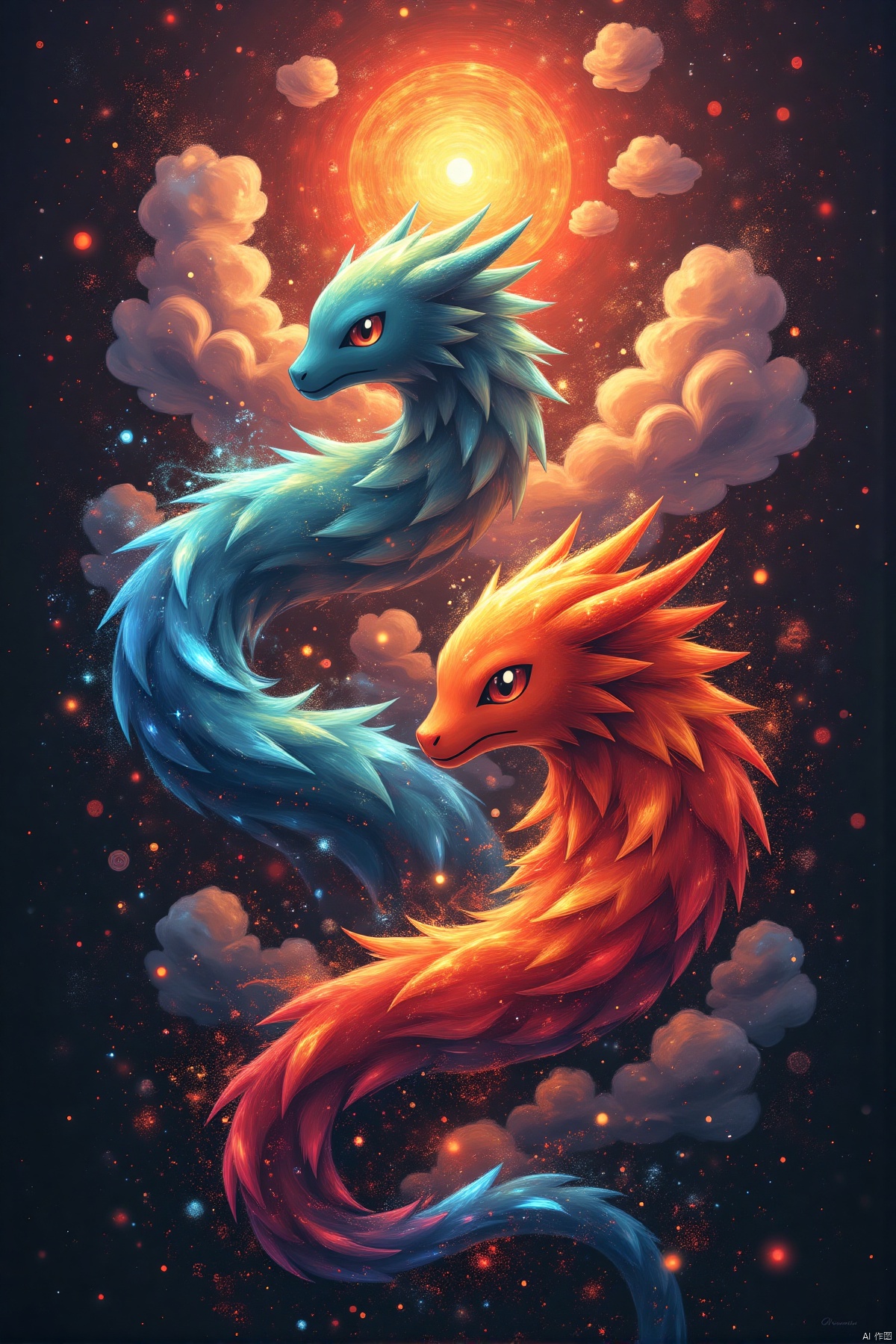 yishou,(strange beasts surrounded by auspicious clouds,bright color scheme,sacred aura,increased tension,sound waves,national style),(best quality,4k,8k,highres,masterpiece:1.2),ultra-detailed,(realistic,photorealistic,photo-realistic:1.37),HDR,UHD,studio lighting,ultra-fine painting,sharp focus,physically-based rendering,extreme detail description,professional,vivid colors,bokeh,oriental elements,mythical creatures,ethereal atmosphere,dynamic composition,rich textures,legendary beasts,ancient Chinese motifs,clouds of good fortune,spiritual energy,strong visual impact,harmonious colors,glowing light effects,traditional Chinese art,elaborate details,mesmerizing visuals,cultural symbolism,energetic flow,stylized illustrations,atmospheric depth,transcendent feel,dramatic lighting,artistic mastery,impressive clarity,visually striking,high contrast,beautifully rendered,authentic representation,engaging scene,highly detailed artwork