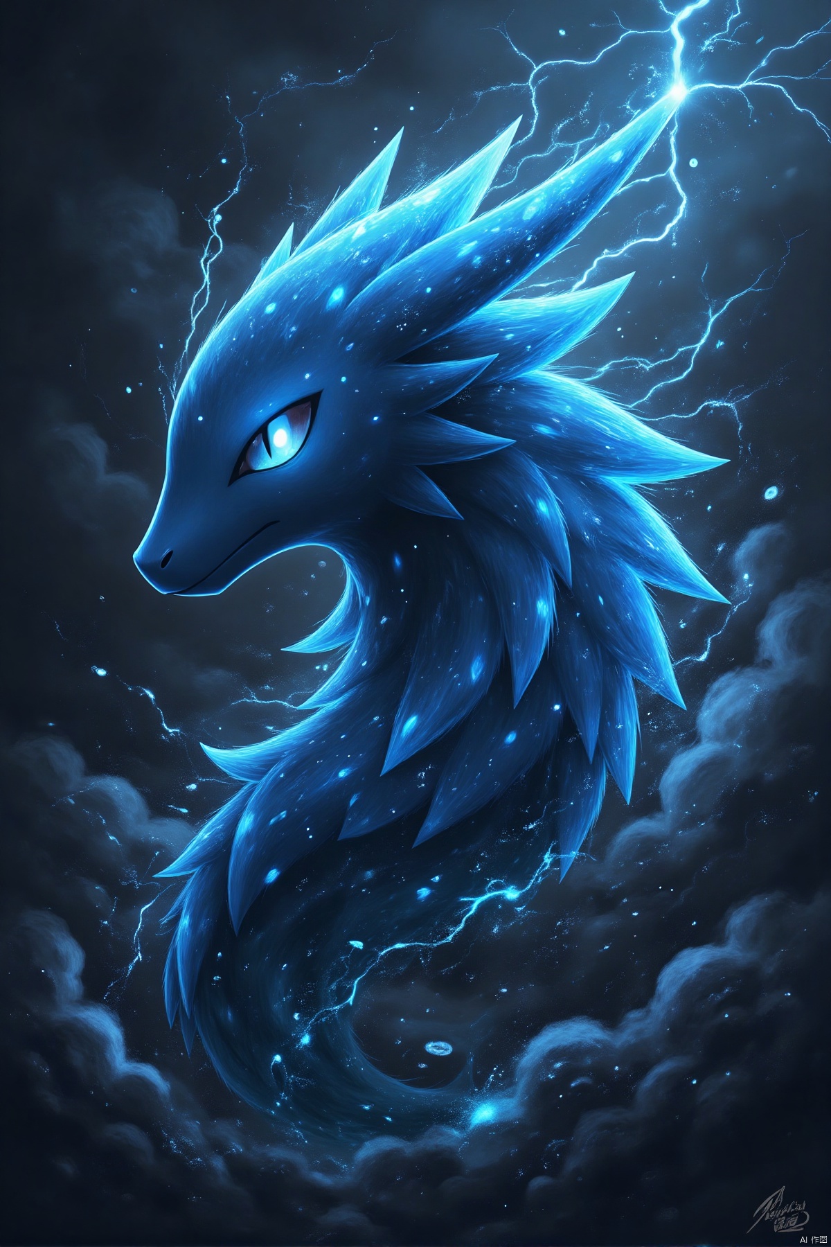 yishou,(a mythical beast,dark color scheme,blue hues,stormy clouds,lightning strikes,increased tension,sonic waves,Chinese style,best quality,4k,highres,masterpiece:1.2),ultra-detailed,realistic,sharp focus,extreme detail description,vivid colors,atmospheric lighting,ominous sky,electric atmosphere,strong presence,ancient mystique,ethereal glow,legendary creature,mythical aura,stormy weather,chaotic energy,high contrast,deep shadows,blue lightning,rumbling thunder,cloudy backdrop,clear definition,high clarity,dramatic scene,impactful imagery,dynamic composition,traditional Chinese elements,rich textures,beautifully rendered,artistic vision,impressive visuals,visually striking