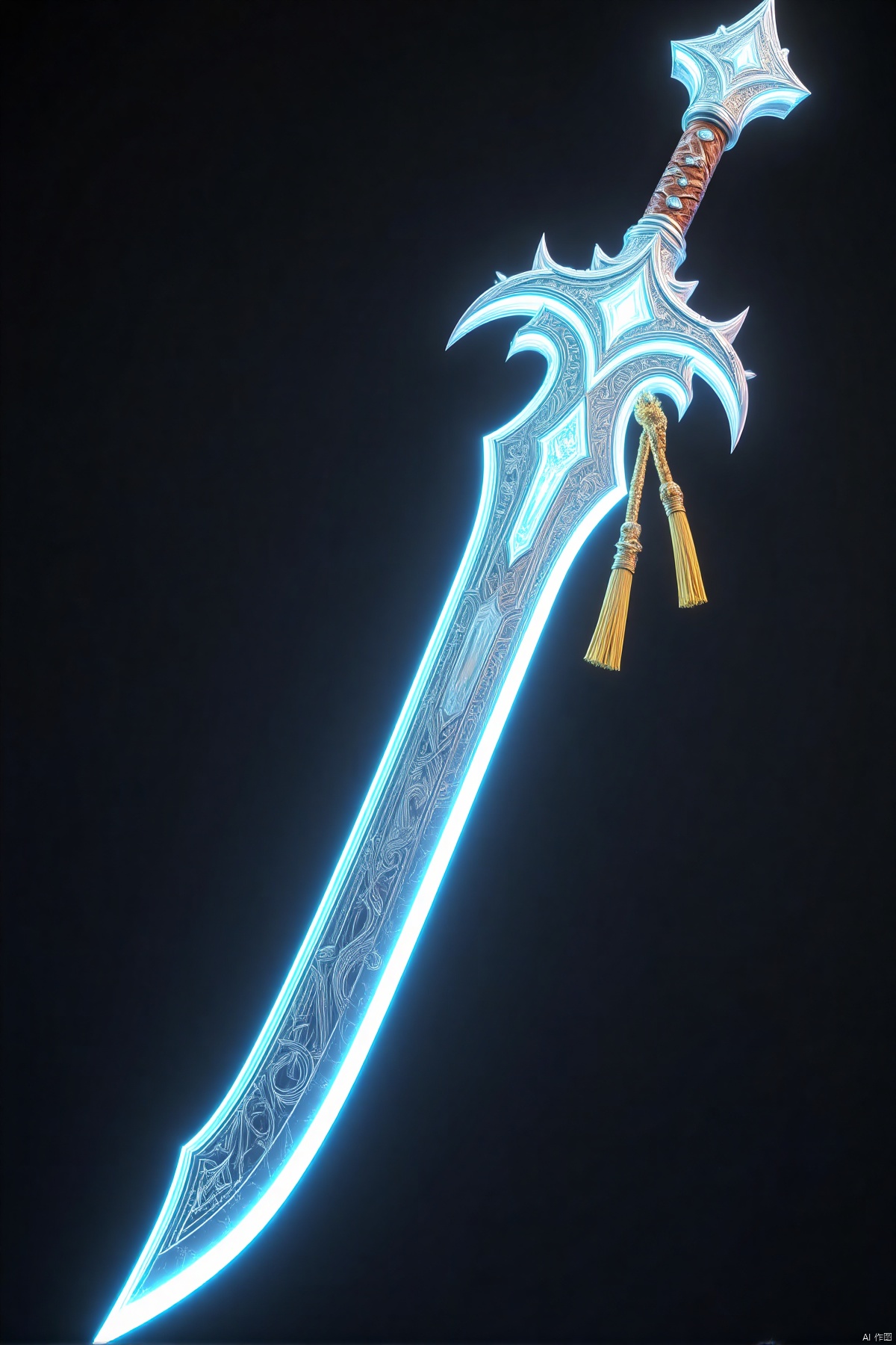 shenbing,(best quality,4k,8k,highres,masterpiece:1.2),ultra-detailed,(realistic,photorealistic,photo-realistic:1.37),sword,120cm long,9cm wide,crystal clear,water wave texture,rosewood hilt,gem-encrusted,golden tassel,dragon bone scabbard,mystic runes,sharp,exquisite craftsmanship,translucent material,gleaming surface,precious stones,ornate design,elaborate engravings,ethereal glow,refined elegance,delicate details,perfectly balanced,symbol of power,ancient and mystical,handcrafted,treasure,legendary weapon,mythical artifact,fantasy art,hyperrealism,studio lighting,vivid colors,extreme detail description,professional,physically-based rendering,sharp focus,HDR,UHD