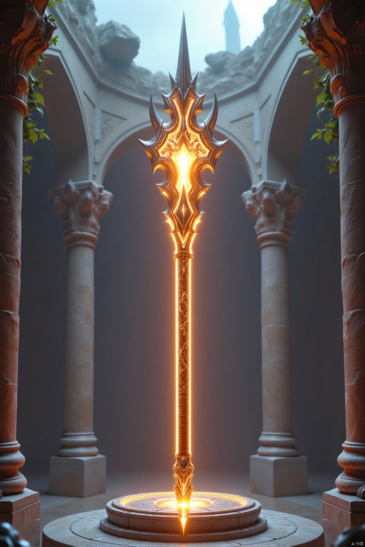 shenbing,(best quality,4k,8k,highres,masterpiece:1.2),ultra-detailed,(realistic,photorealistic,photo-realistic:1.37),the Spear of Longinus,ancient relic,detailed spearhead,ornate handle,glowing aura,divine power,stone pedestal,ruins of a temple,crumbling columns,overgrown vines,soft ambient light,shadows,atmospheric fog,ethereal glow,religious symbolism,mythological artifact,old scriptures,carved inscriptions,weathered stone,gothic architecture,sepia tones,subtle lighting,spiritual energy,ancient runes,hidden chamber,stone walls,archaeological site,treasure hunters,exploration,adventure,history,legendary weapon,precious metals,gold and silver,metallic sheen,reflections,sharp details,high contrast,rich textures,artistic rendering,concept art,illustration,HD,sharp focus,physically-based rendering,extreme detail description,professional,vivid colors,bokeh
