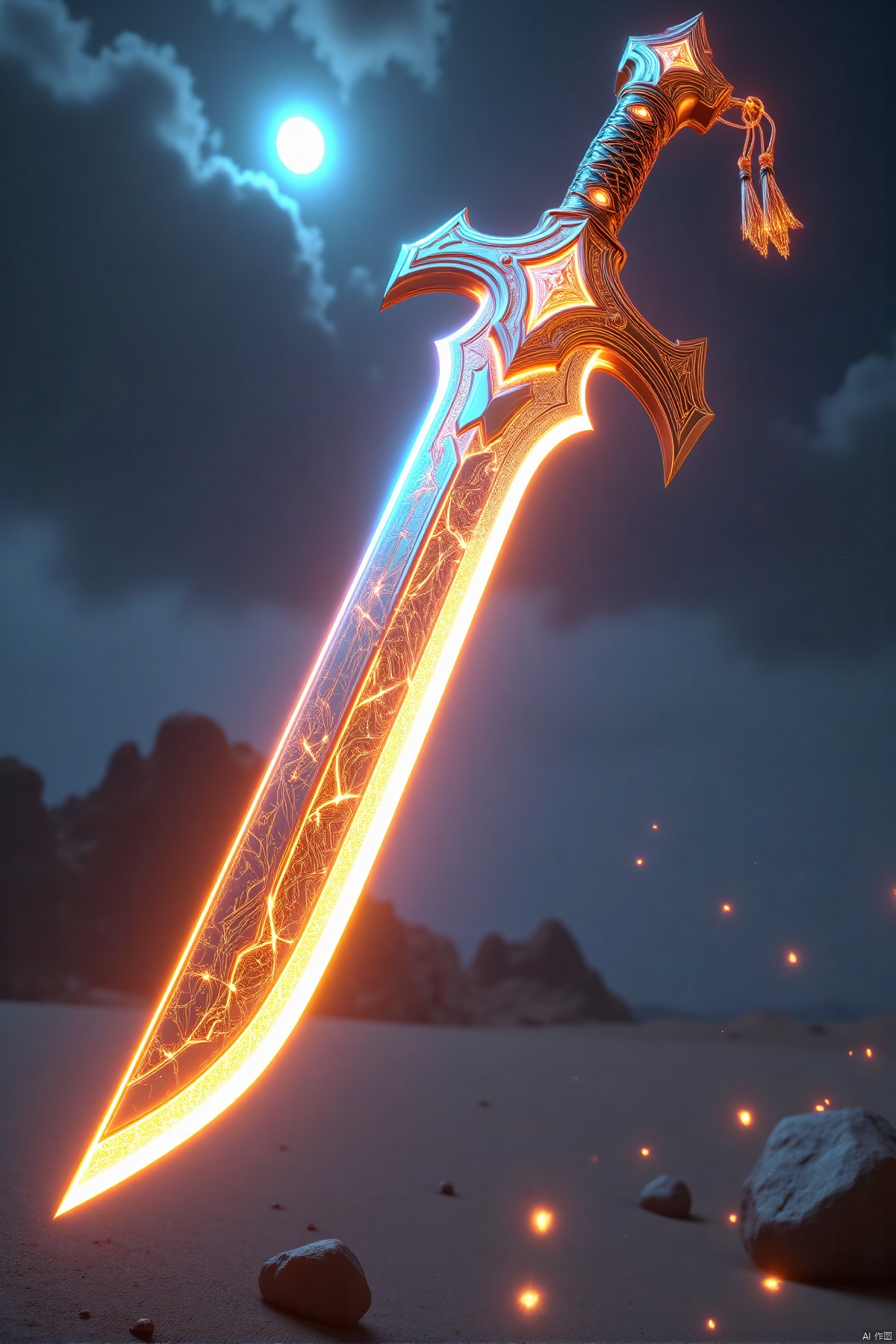shenbing,(flying dagger,ancient style,glowing,cold iron,earth shattering,red yellow and blue tassels on the hilt,flying sand and rolling stones,night sky,stars,brilliant,wuxia),(best quality,4k,8k,highres,masterpiece:1.2),ultra-detailed,(realistic,photorealistic,photo-realistic:1.37),HDR,UHD,sharp focus,physically-based rendering,extreme detail description,professional,vivid colors,bokeh,concept art,metallic sheen,stormy atmosphere,wind effects,dramatic lighting,traditional Chinese elements,mythical atmosphere,action scene,fast motion,blades,weaponry,ancient weaponry,Chinese martial arts,legendary weapon,heroic,adventure,nighttime,celestial,meteor shower,cosmic,ethereal glow,energy aura,neon accents,light trails,epic,grandeur,atmospheric perspective,background details,clouds,moonlight,silhouette,shadows,dynamic composition,