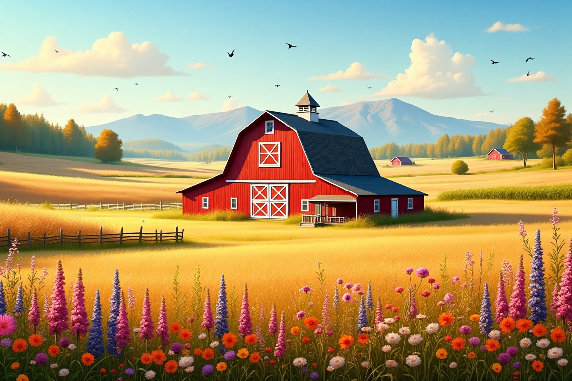 Captured at eye-level on a vibrant day,  a vibrant red barn stands in the middle of a field. The barn's roof is adorned wi...