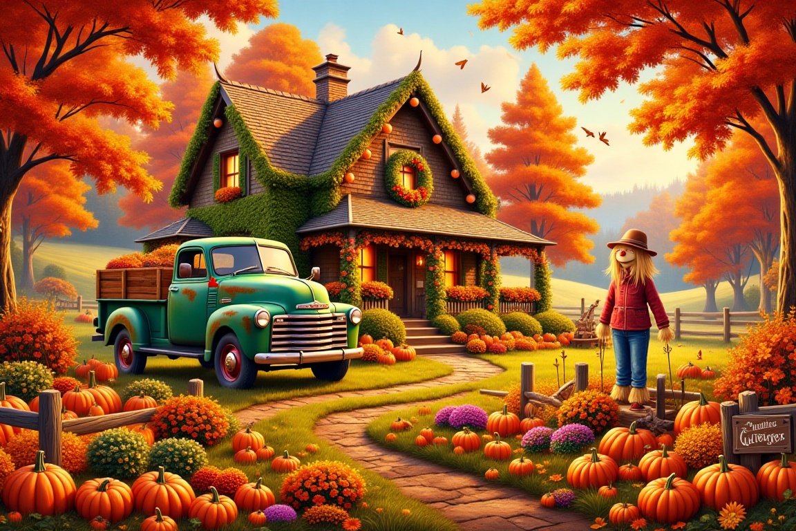 Captured at eye-level,  a vibrant autumn scene is depicted. The focal point of the image is a rustic green truck parked in...