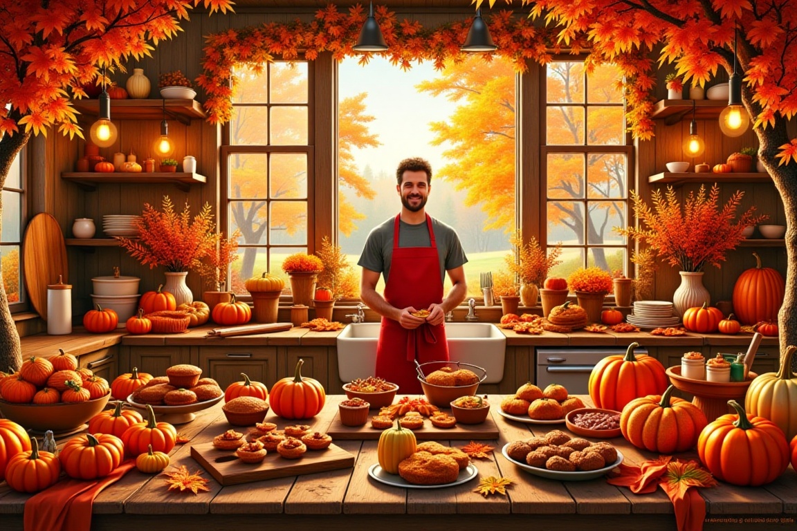a full view of a rustic kitchen. A man in a gray shirt and a red apron stands in front of a window,  adding a pop of color...