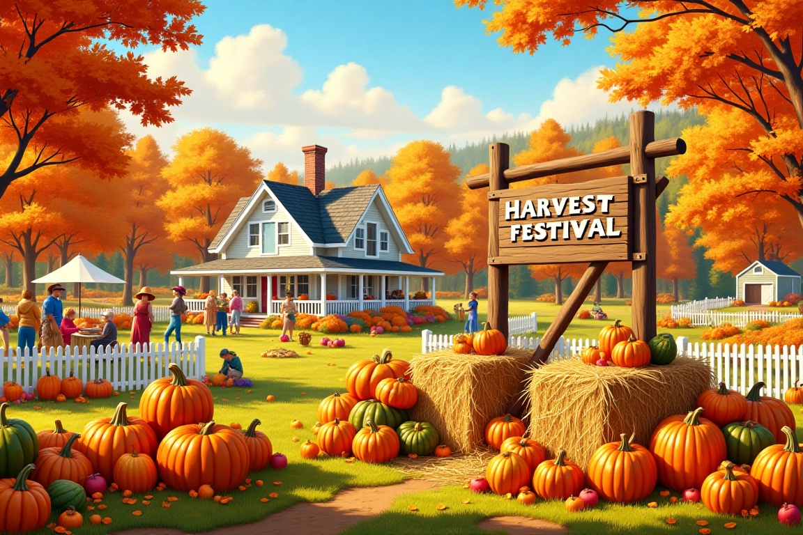 Captured at eye-level on a vibrant day,  the scene depicts a harvest festival. The focal point is a wooden sign with the w...