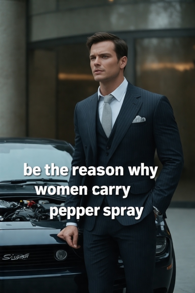 The sigma male meme is a still from a movie scene featuring a man standing next to a sleek,  black sports car with its hoo...