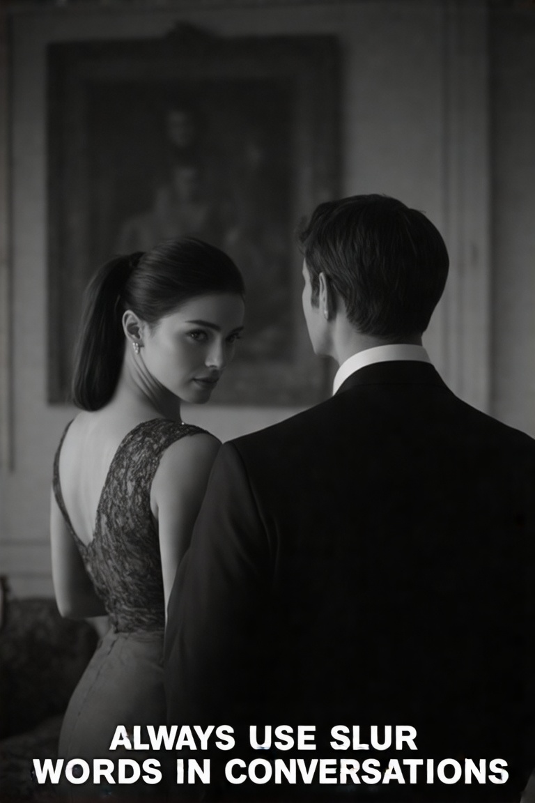 This sigma male meme is a black-and-white photograph featuring a man and a woman standing in an elegantly decorated room,...