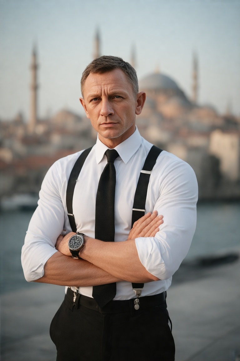 This sigma male meme is a photograph of a Daniel Craig standing in front of a blurred urban skyline,  possibly a city like...