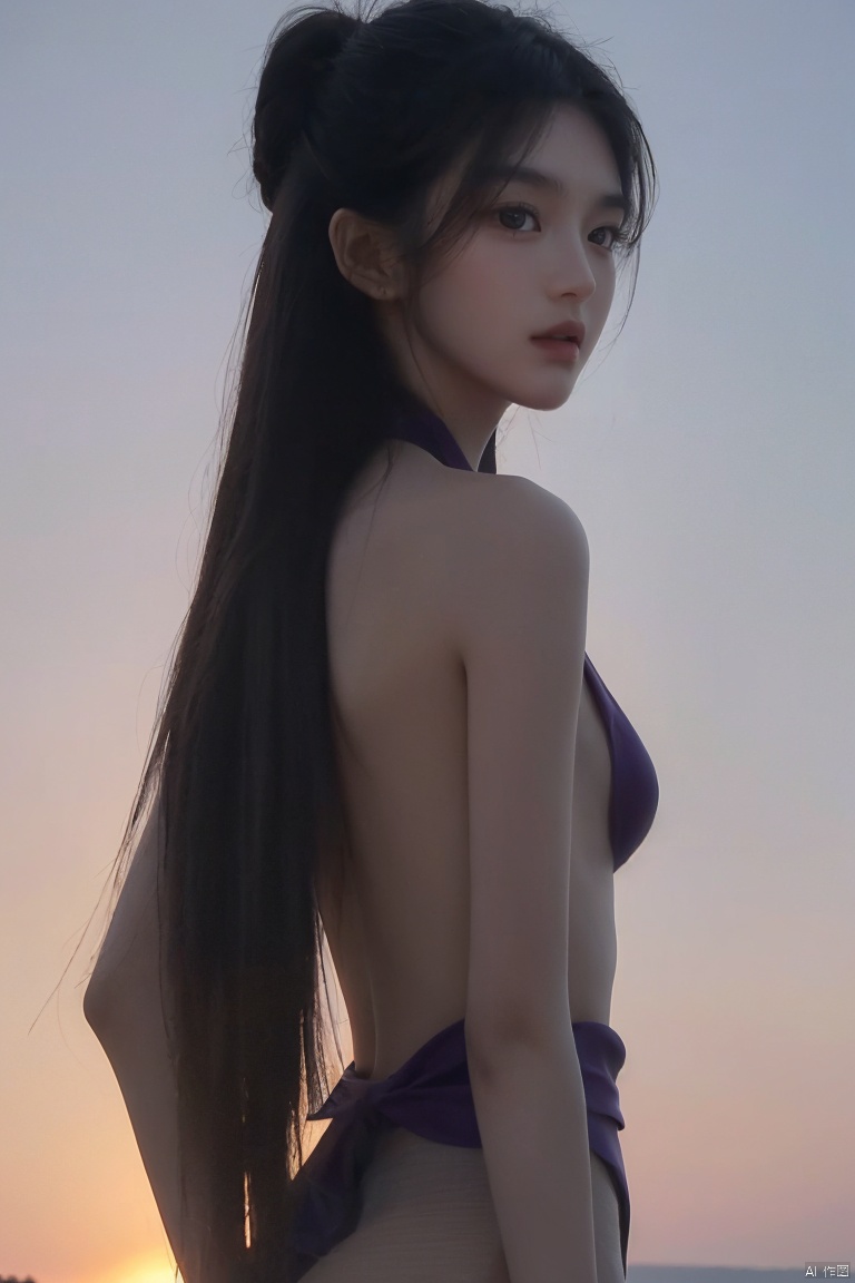  1girl,black hair,slim,very small breasts,simple_background,strong rim light,intense shadows,against backlight at dusk,beautiful purple sunset at beach,maid swimsuit,see-through coat,topknot,outdoor,back