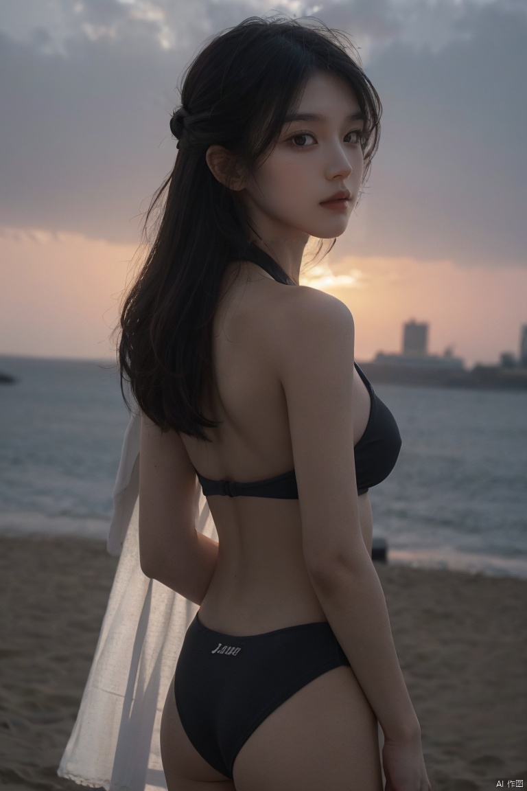  1girl,black hair,slim,very small breasts,simple_background,strong rim light,intense shadows,against backlight at dusk,beautiful purple sunset at beach,maid swimsuit,nipples under clothes,topknot,outdoor,back