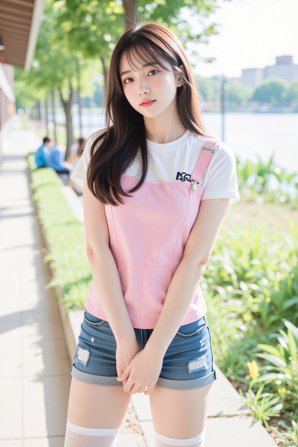 Full body photo,front angle,a 20-year-old Asian girl,wearing a pink suspender,a pair of tight Denim shorts,a pair of white knee socks,hands crossed at the waist,the overall wearing coordination,the face presents a sweet effect,the light is sufficient,the background is sunny,