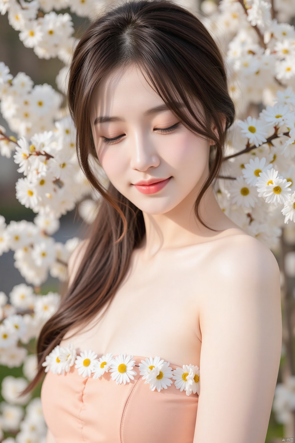clear picture,Photograph of a young Asian woman with fair skin and long,dark brown hair styled in a loose bun,with some strands framing her face. She wears a strapless,peach-colored dress adorned with white daisy-**** flowers. Her expression is serene,with closed eyes and a soft smile. The background is softly blurred,featuring cherry blossom branches with delicate white flowers. The lighting is natural,casting a warm glow on her face and the blossoms,creating a tranquil,springtime atmosphere.