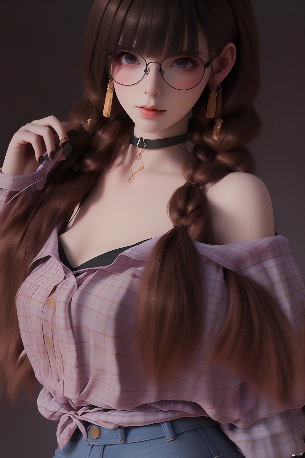 1girl
solo
long hair
breasts
looking at viewer
bangs
simple background
brown hair
shirt
black hair
long sleeves
bare shoulders
twintails
jewelry
closed mouth
underwear
braid
earrings
glasses
choker
belt
pants
hand up
blunt bangs
off shoulder
bra
twin braids
lips
plaid
black choker
denim
black bra
hair over shoulder
realistic
round eyewear
off-shoulder shirt
tied shirt
plaid shirt




