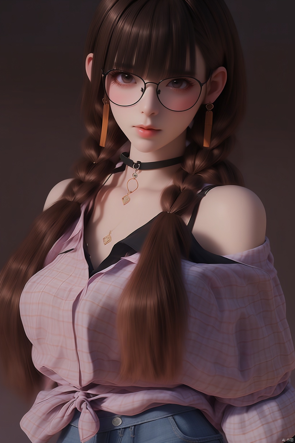 1girl
solo
long hair
breasts
looking at viewer
bangs
simple background
brown hair
shirt
black hair
long sleeves
bare shoulders
twintails
jewelry
closed mouth
underwear
braid
earrings
glasses
choker
belt
pants
hand up
blunt bangs
off shoulder
bra
twin braids
lips
plaid
black choker
denim
black bra
hair over shoulder
realistic
round eyewear
off-shoulder shirt
tied shirt
plaid shirt




