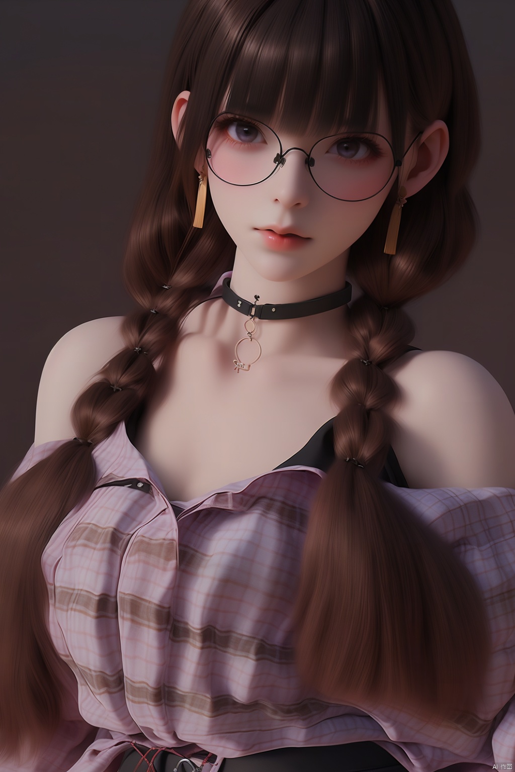 1girl
solo
long hair
breasts
looking at viewer
bangs
simple background
brown hair
shirt
black hair
long sleeves
bare shoulders
twintails
jewelry
closed mouth
underwear
braid
earrings
glasses
choker
belt
pants
hand up
blunt bangs
off shoulder
bra
twin braids
lips
plaid
black choker
denim
black bra
hair over shoulder
realistic
round eyewear
off-shoulder shirt
tied shirt
plaid shirt




