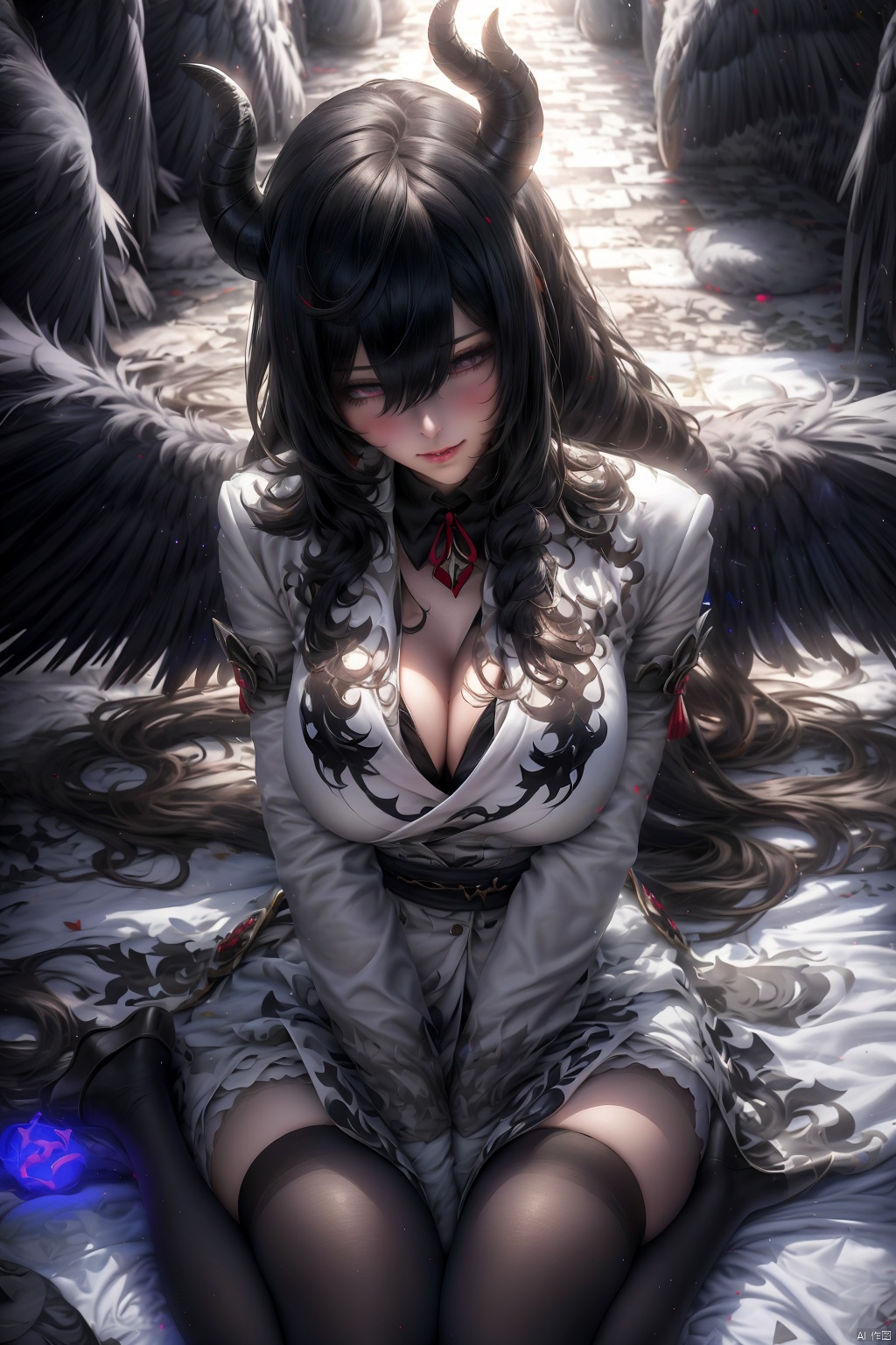 1girl
solo
long hair
breasts
looking at viewer
bangs
black hair
thighhighs
long sleeves
dress
cleavage
hair between eyes
sitting
very long hair
closed mouth
wings
horns
white dress
white thighhighs
grey eyes
wariza
demon horns
feathered wings
between legs
black wings
hand between legs




