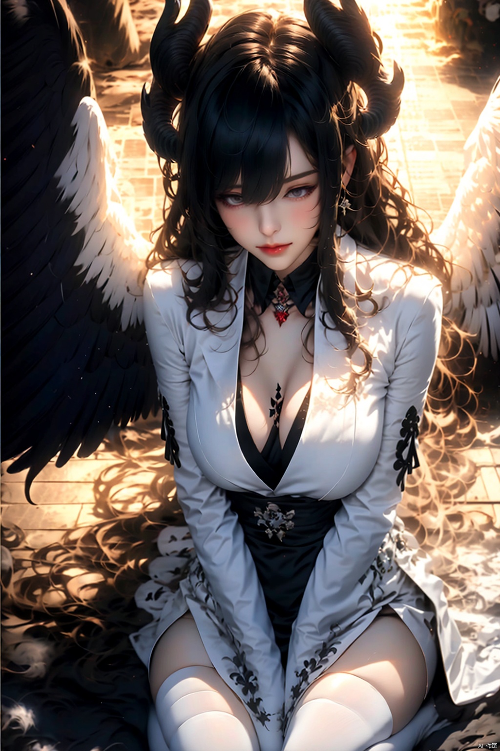 1girl
solo
long hair
breasts
looking at viewer
bangs
black hair
thighhighs
long sleeves
dress
cleavage
hair between eyes
sitting
very long hair
closed mouth
wings
horns
white dress
white thighhighs
grey eyes
wariza
demon horns
feathered wings
between legs
black wings
hand between legs




