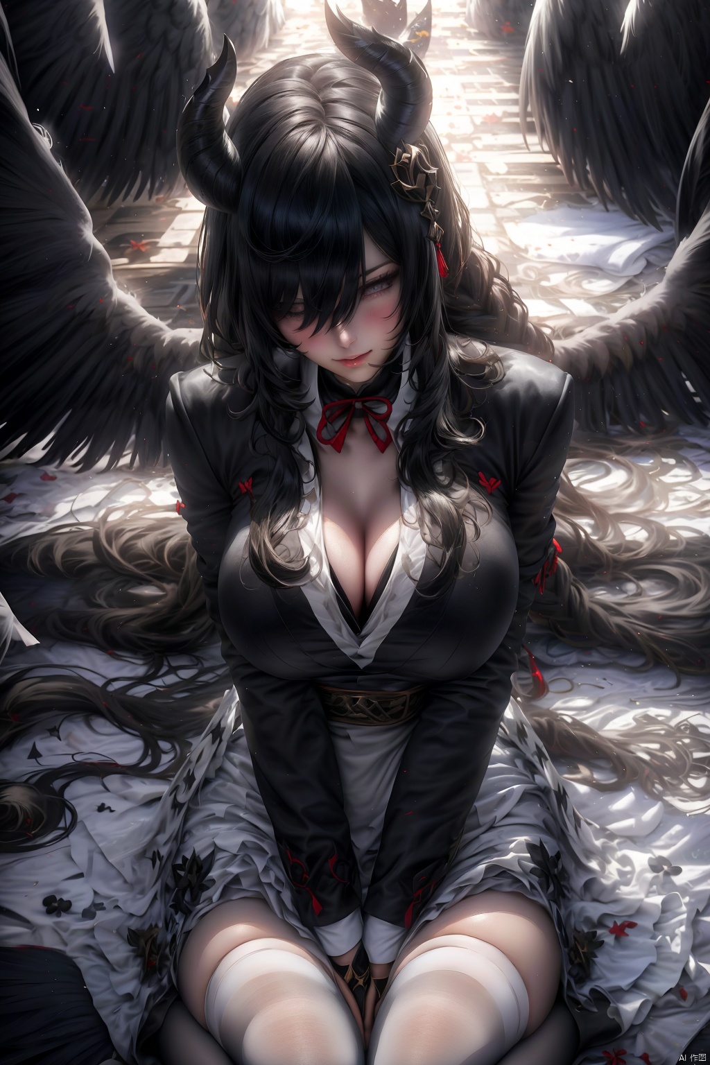 1girl
solo
long hair
breasts
looking at viewer
bangs
black hair
thighhighs
long sleeves
dress
cleavage
hair between eyes
sitting
very long hair
closed mouth
wings
horns
white dress
white thighhighs
grey eyes
wariza
demon horns
feathered wings
between legs
black wings
hand between legs




