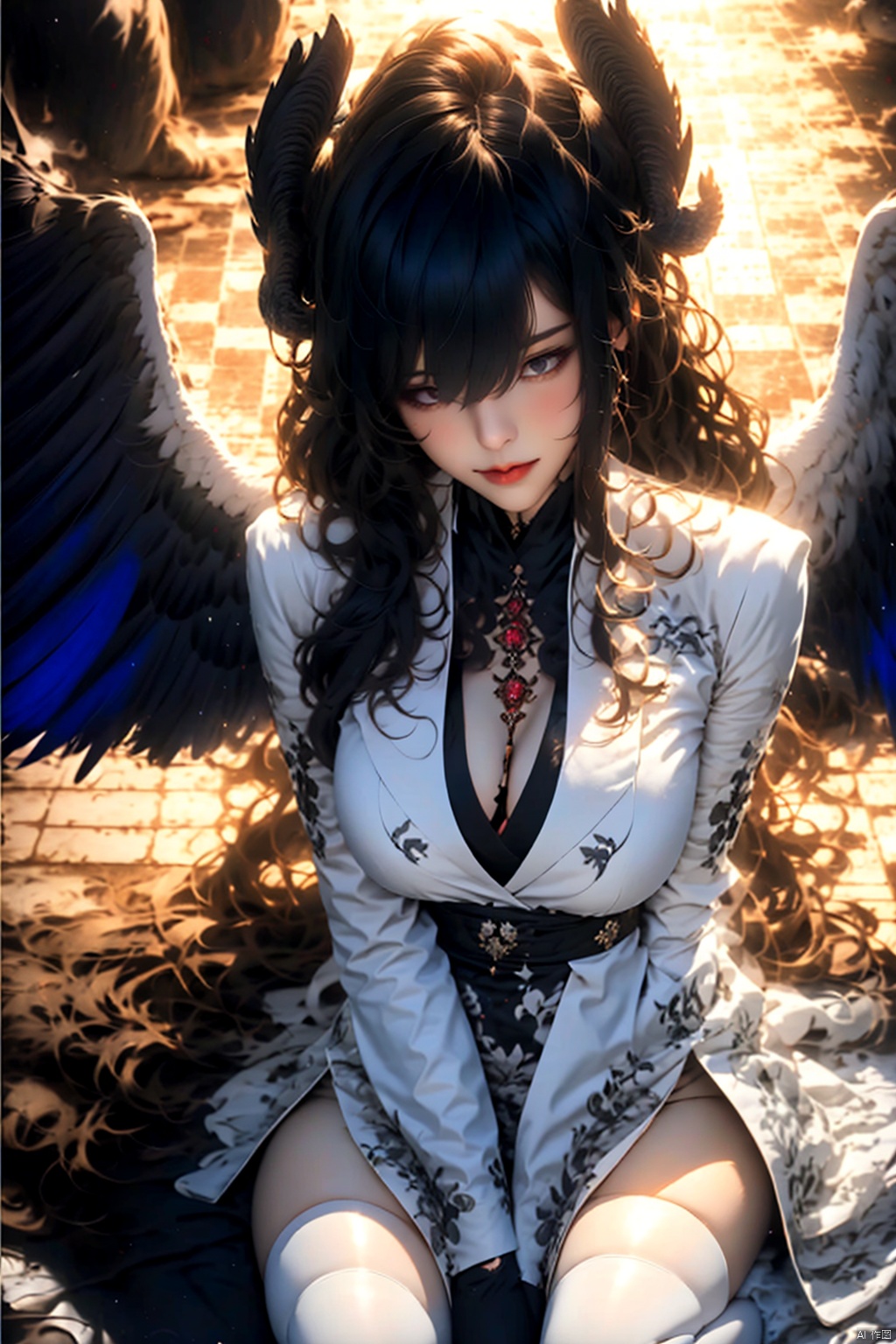 1girl
solo
long hair
breasts
looking at viewer
bangs
black hair
thighhighs
long sleeves
dress
cleavage
hair between eyes
sitting
very long hair
closed mouth
wings
horns
white dress
white thighhighs
grey eyes
wariza
demon horns
feathered wings
between legs
black wings
hand between legs




