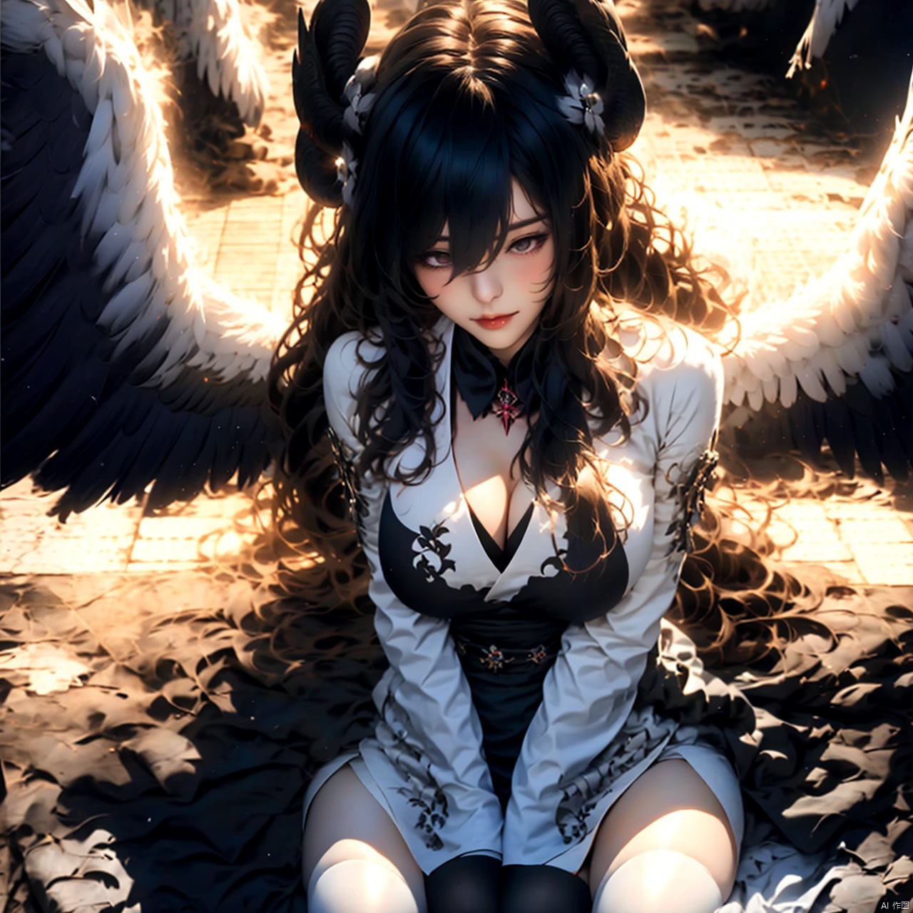 1girl
solo
long hair
breasts
looking at viewer
bangs
black hair
thighhighs
long sleeves
dress
cleavage
hair between eyes
sitting
very long hair
closed mouth
wings
horns
white dress
white thighhighs
grey eyes
wariza
demon horns
feathered wings
between legs
black wings
hand between legs




