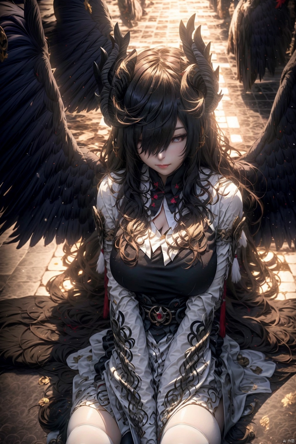 1girl
solo
long hair
breasts
looking at viewer
bangs
black hair
thighhighs
long sleeves
dress
cleavage
hair between eyes
sitting
very long hair
closed mouth
wings
horns
white dress
white thighhighs
grey eyes
wariza
demon horns
feathered wings
between legs
black wings
hand between legs




