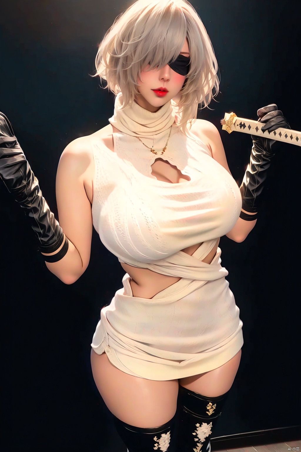 1girl
solo
breasts
looking at viewer
short hair
simple background
thighhighs
gloves
dress
holding
bare shoulders
medium breasts
weapon
white hair
boots
sleeveless
black gloves
sword
black thighhighs
black footwear
holding weapon
mole
hair over one eye
sweater
lips
grey eyes
clothing cutout
turtleneck
thigh boots
holding sword
katana
black background
mole under mouth
meme attire
turtleneck sweater
white sweater
sweater dress
thighhighs under boots
virgin killer sweater
no blindfold
yorha no. 2 type b



