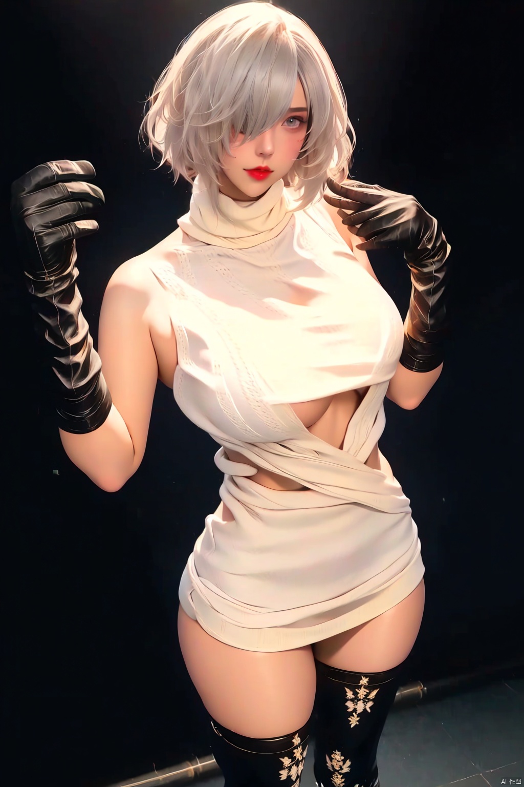 1girl
solo
breasts
looking at viewer
short hair
simple background
thighhighs
gloves
dress
holding
bare shoulders
medium breasts
weapon
white hair
boots
sleeveless
black gloves
sword
black thighhighs
black footwear
holding weapon
mole
hair over one eye
sweater
lips
grey eyes
clothing cutout
turtleneck
thigh boots
holding sword
katana
black background
mole under mouth
meme attire
turtleneck sweater
white sweater
sweater dress
thighhighs under boots
virgin killer sweater
no blindfold
yorha no. 2 type b



