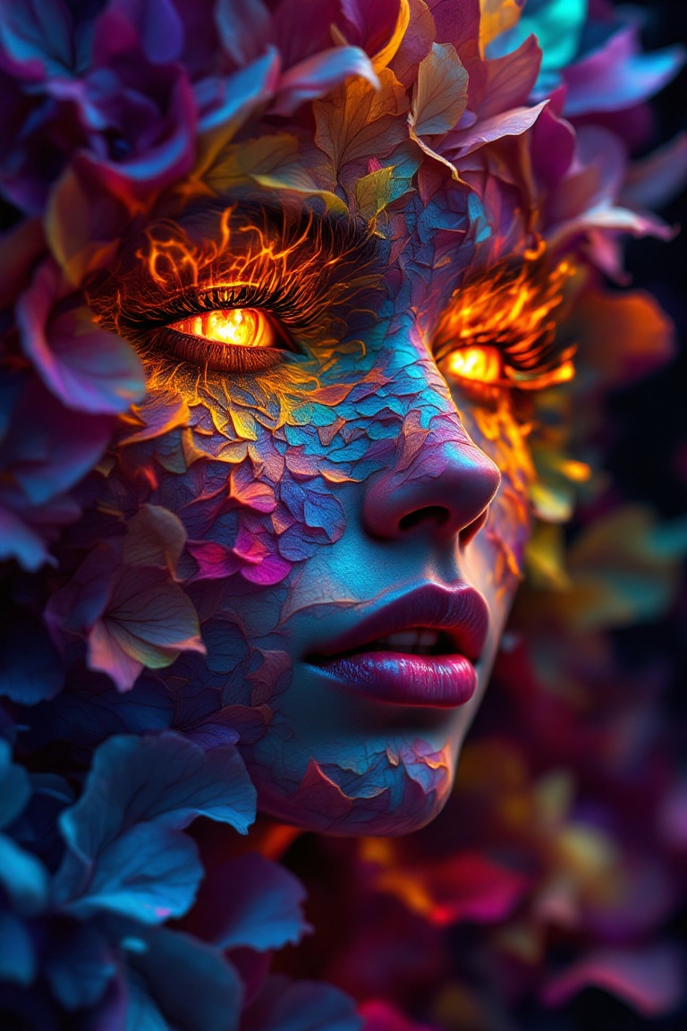 rainbow dreaming world,  portrait a female made of petals of flower ready to enter into your soul,  painting by Mark Brook...