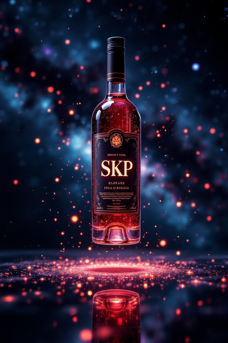 Crea una imagen de una botella de vino ( etiquetado "SKP" en texto) transformada en un impresionante holograma 3D. La bote...