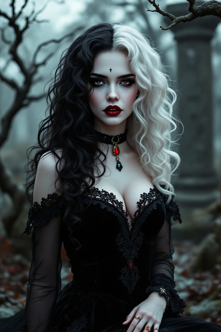 kristen_stewart with porcelain-like pale skin and an intense,  dramatic aura. Her hair is a striking,  dual-toned masterpi...