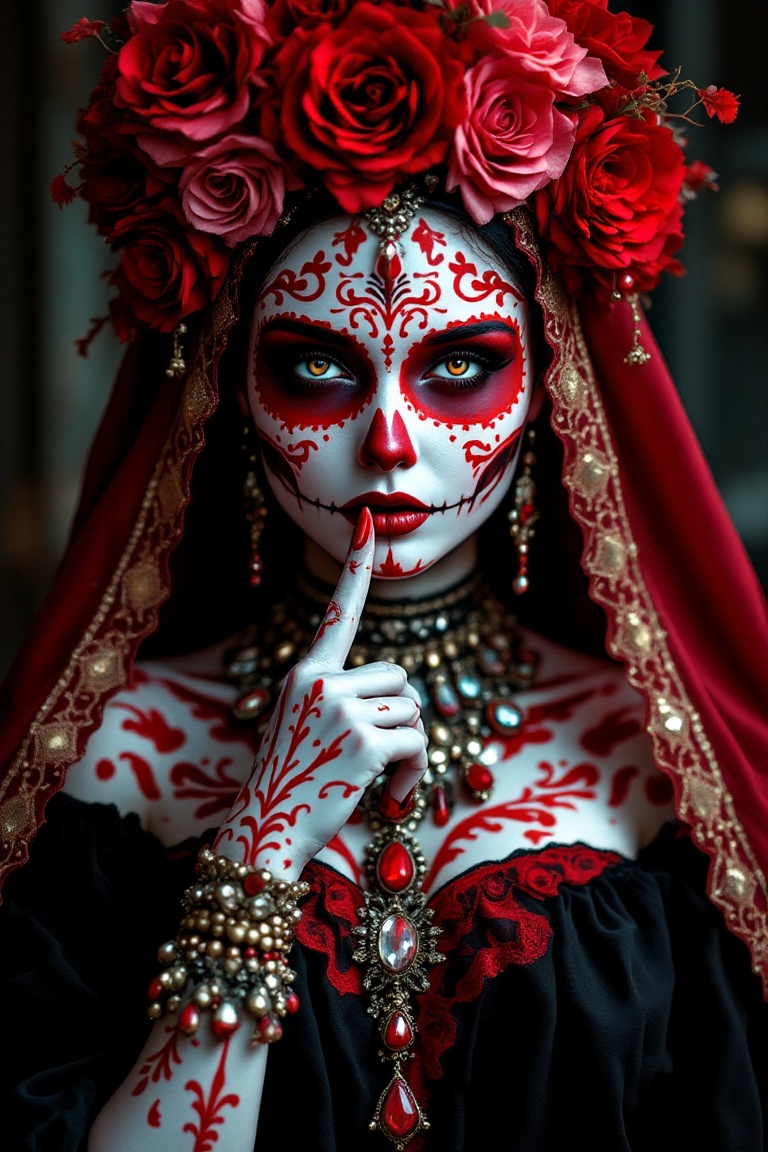 A solemn beauty stands before us,  adorned with vibrant red and white makeup designs forming intricate Dia de los Muertos...