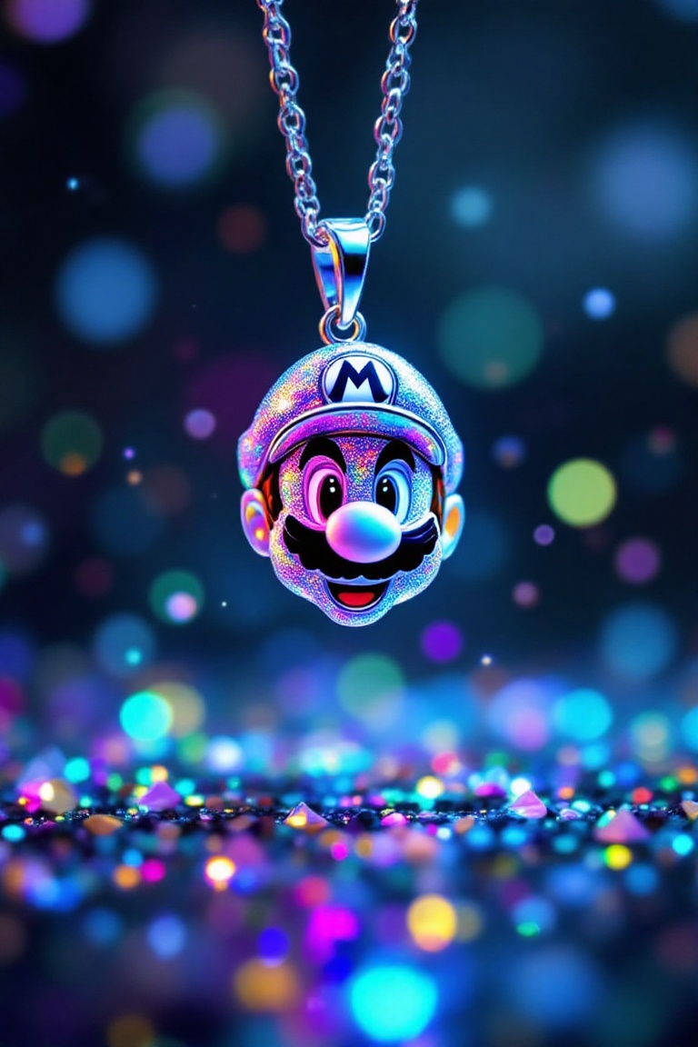 A diminute,  very small radiant silver metallic super mario necklace,  adorned with sparkling (vibrant rainbow hues). The...