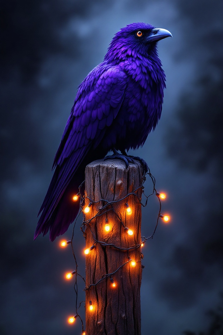 Create a hyper-stylistic image of a majestic purple raven perched atop a wooden post,  wrapped in a garland of orange Hall...