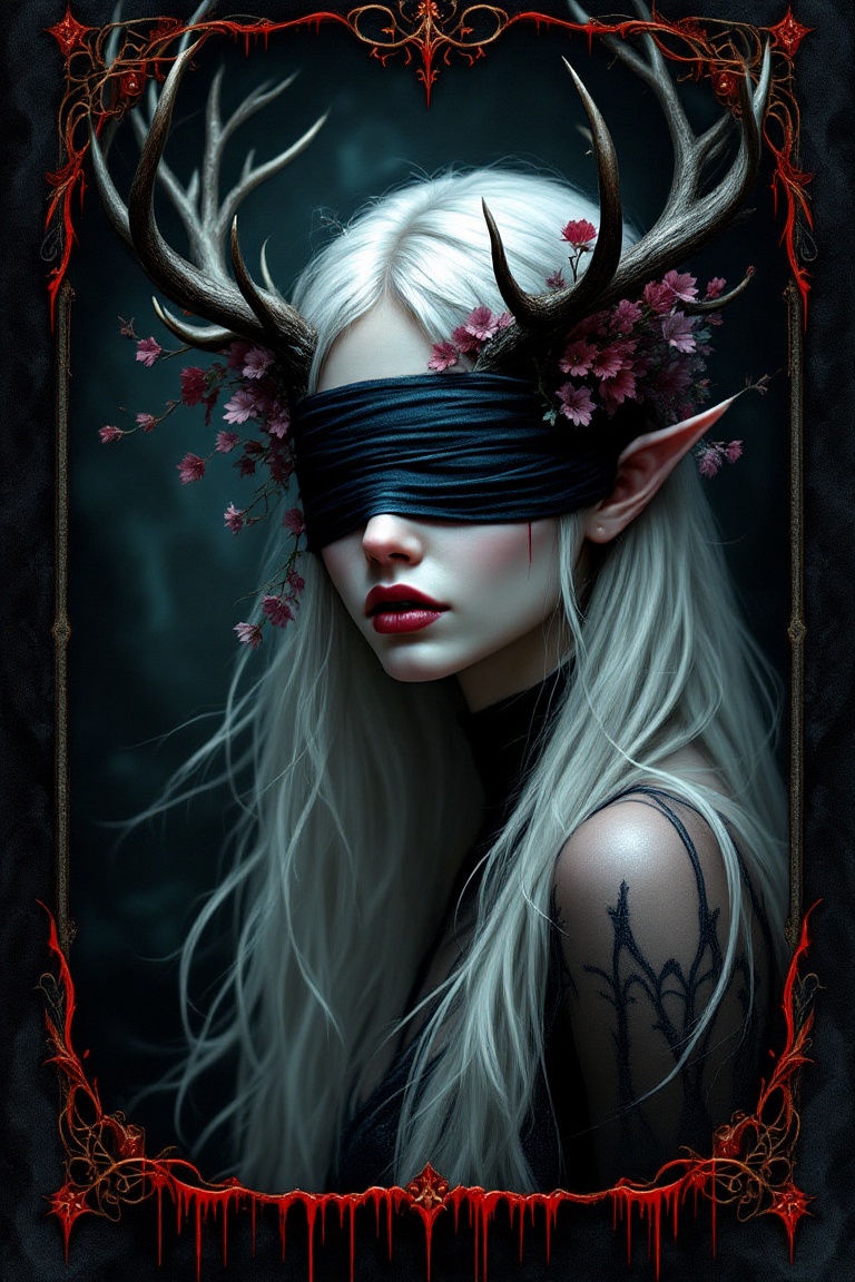 Create a high quality back of a card art design with a cameo flair of a blindfolded dark elf with antlers and flora decora...