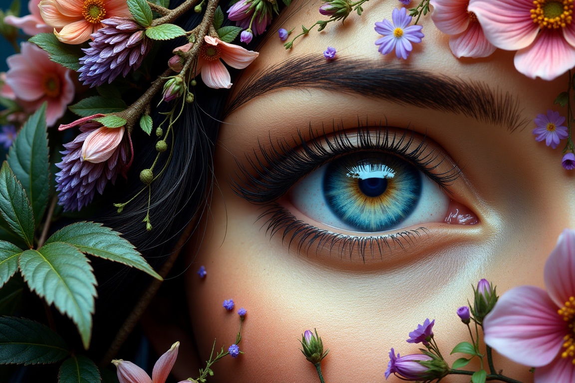 A close-up of a woman's eye,  the eye is a vibrant blue,  and the eyelashes are a darker shade of black. The eye is adorne...
