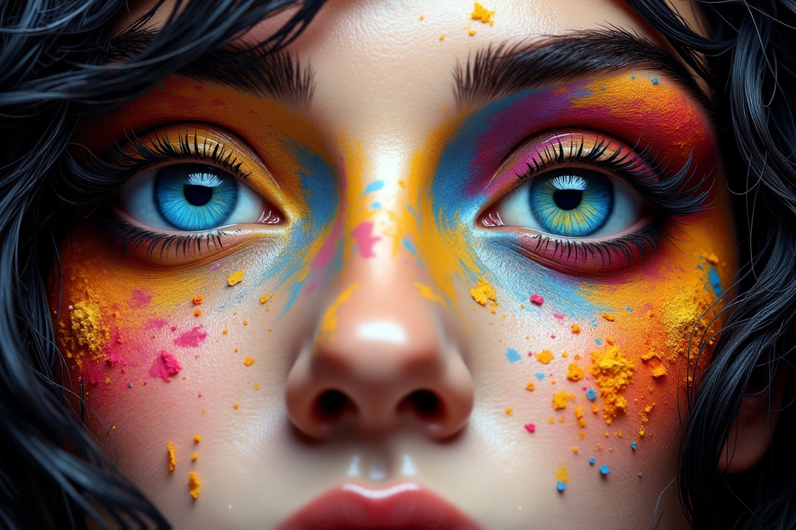 An eye-level perspective of a woman's face is depicted in a close-up shot. The woman's eyes are painted in a vibrant array...