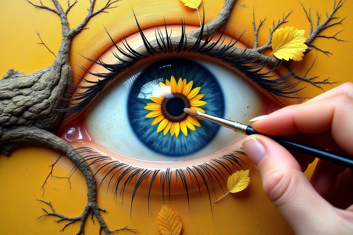 An eye-level view of a woman's eye,  with a blue iris and yellow sunflower in the center of the eye. The eye is surrounded...