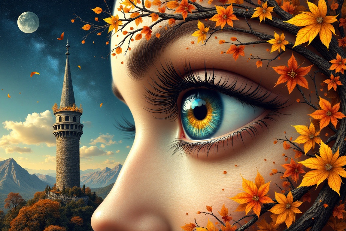 An eye-level view of a woman's face,  adorned with a wreath of orange and yellow leaves. The woman's eye is adorned with b...