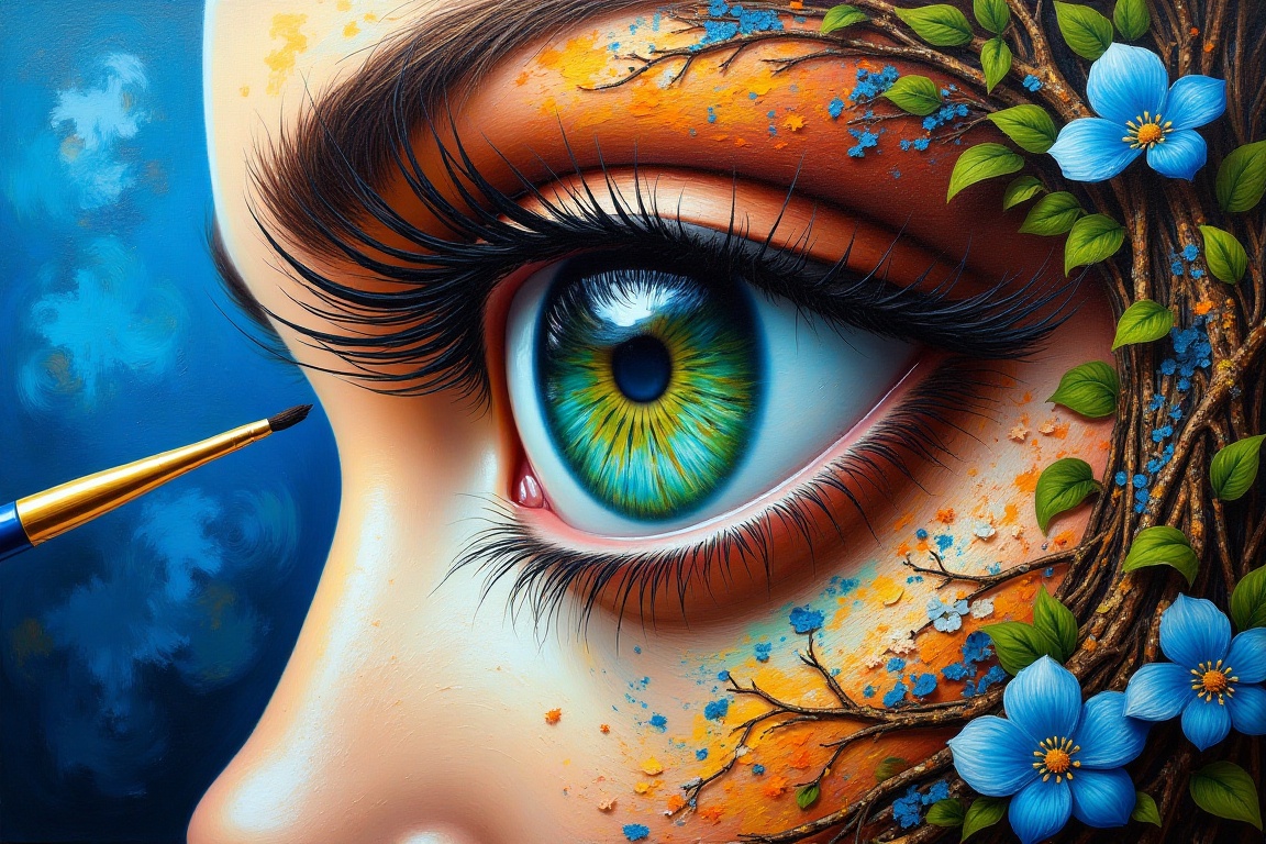 A close-up of a woman's face,  painted in a vibrant blue and green eye,  is adorned with black eyelashes. The woman's eyes...