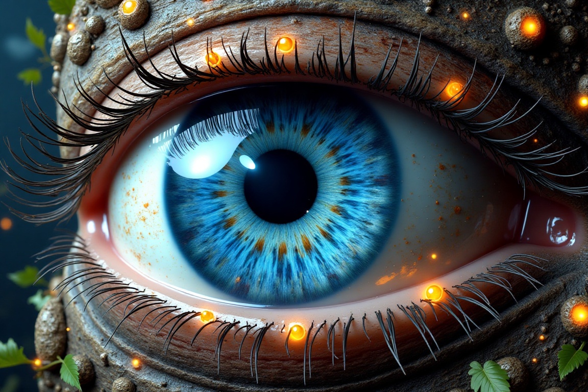 An eye view of a blue eye with a black hole in the center of it. The eye is surrounded by a tree trunk that is brown in co...