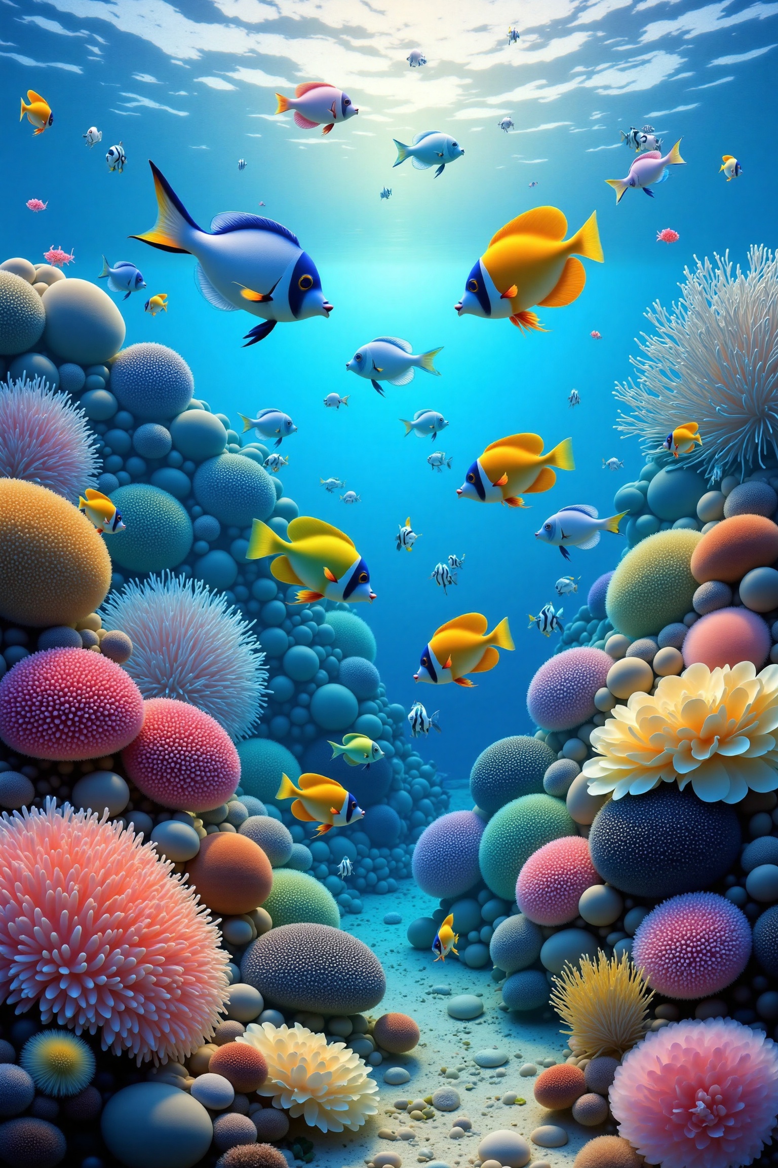 A vibrant underwater scene with beautifully colorful fish swimming gracefully among stunning coral reefs and mesmerizing s...