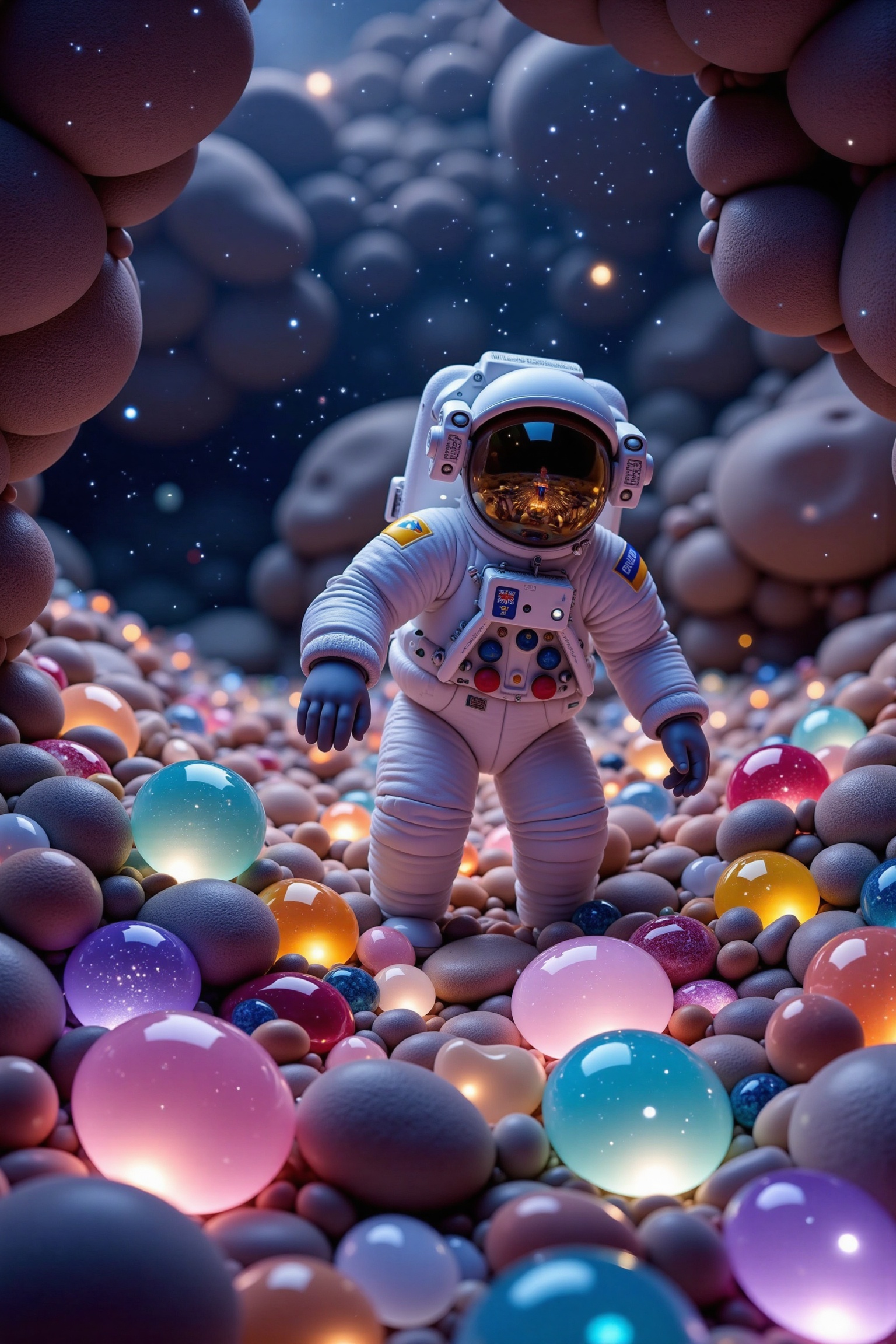 An astronaut exploring a mysterious cave,  discovering a breathtaking array of colorful gemstone-like rocks. The scene is...