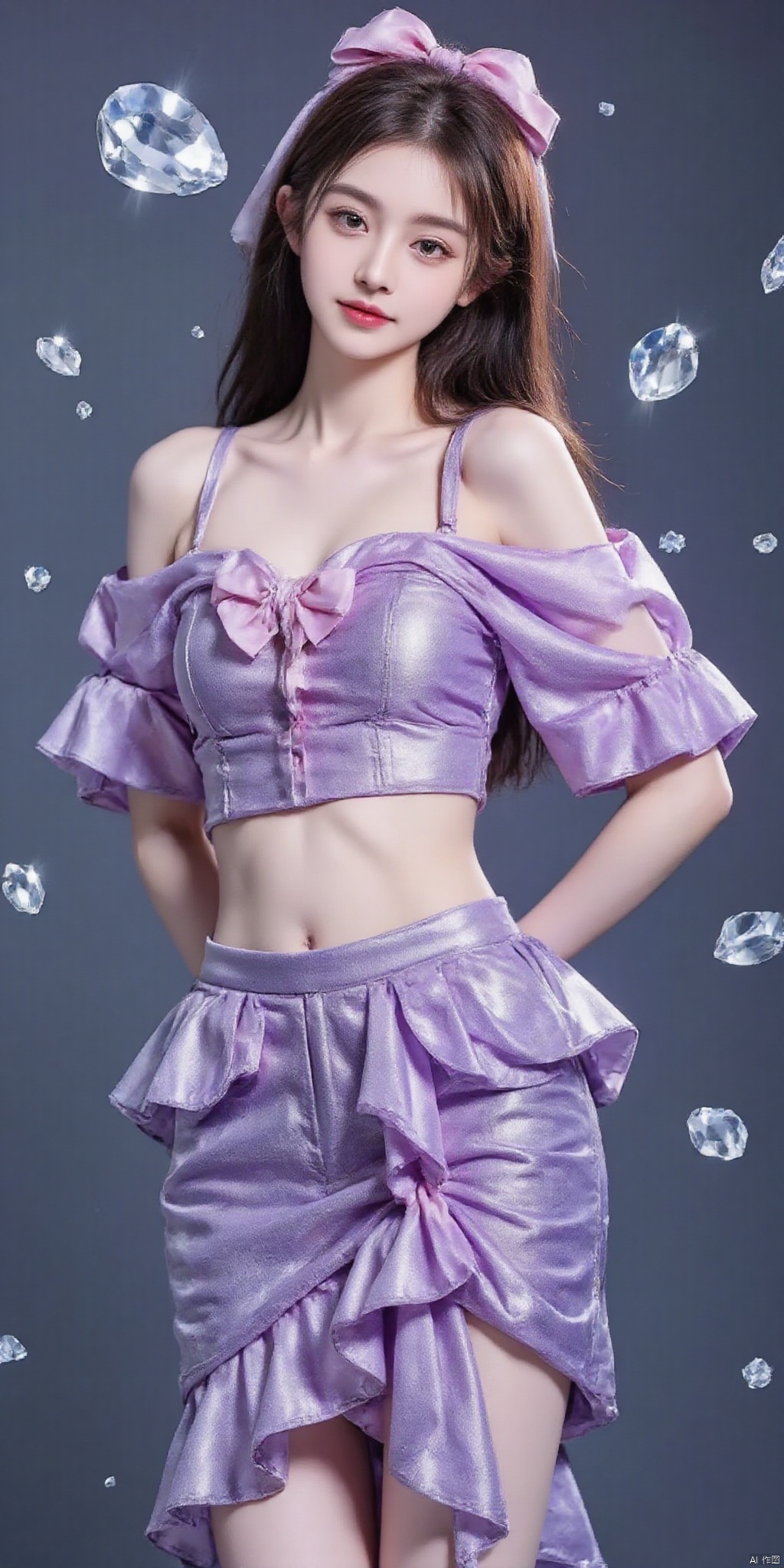 luoyu,(((crystals texture Hair))),{{{{{extremely detailed CG}}}}},{{8k_wallpaper}},{{{{Crystalline purple gemstone gloves}}}},((beautiful detailed Glass hair)),((Glass shaped texture hand)),((Crystallize texture body)),Gem body,Hands as clear as jewels,Crystallization of clothes,((crystals texture skin)),sparkle, lens flare, light leaks, Broken glass,{{{{Detailed Glass shaped clothes}}}},       ((masterpiece)), (((best quality))), ((ultra-detailed)), ((illustration)), ((disheveled hair)), ((frills)), (1 girl), (solo), dynamic angle, big top sleeves, floating, beautiful detailed gemstone sky, gemstone sea, beautiful detailed eyes, overexposure,  side blunt bangs, hairs between eyes, ribbons, bowties, buttons, bare shoulders, (((small breast))),  pleated skirt, crystals texture flowers, ((Detailed crystallized clothing)),(gemstone of body),solo focus