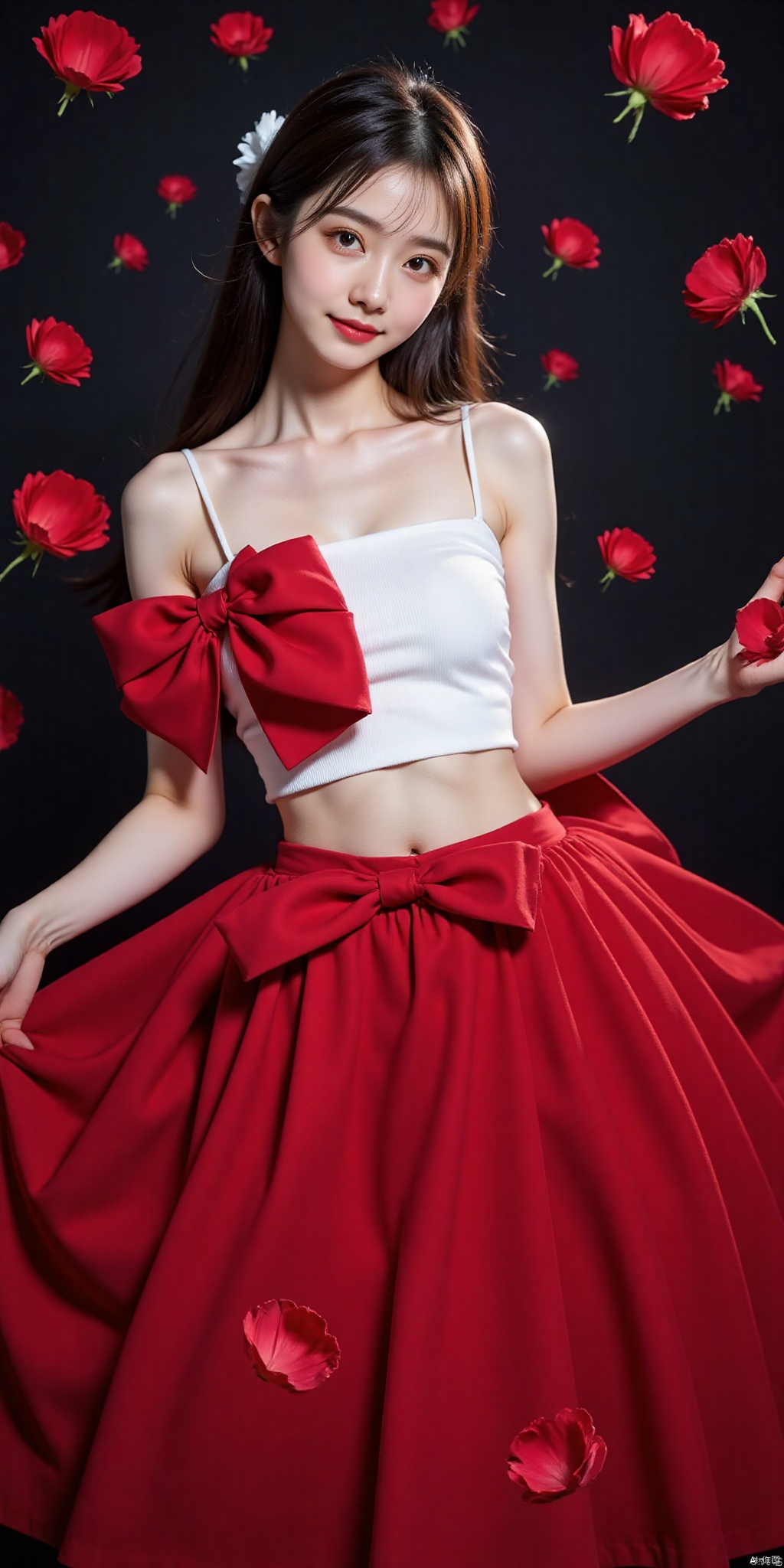 luoyu,DSLR Quality,Depth of field ,looking_at_viewer,Dynamic pose, , kind smile,1girl , 8k resolution, Masterpiece quality, High detail. from below, Fantasy theme, cropped. {(1 girl:1.5),(close to viewer:1.8), ((looking at viewer:2), beautiful face, ), ((worm's eye shot:1.2)),perspective distortion}, (Panoramic view, fisheye lens effect:1.1). {(Strong backlighting, underexposure:1.4), (blocked shadows:0.8), depth of field(at 100mm focal length:1.2)}, (horizon:0.7), low key earth. the starry sky feathering into the background, creating a sense of depth and gradient. Incorporating Droste Effect(an endless repetition and reflection:1.2). Surrounded by fluttering rose petals, reflected or casting dramatic shadows and highlights, {(meteor shower, planets:1.1), (Vermilion Comet:1.3)}. mesmerizing effect, a dreamlike ambiance of infinity. A vortex of rose petals, a starry sky vortex, , as, vortex, tyjf,