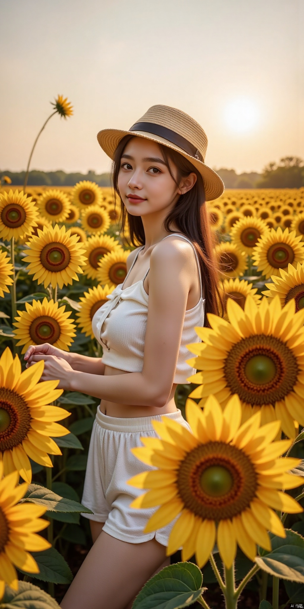 luoyu,((Girl in straw hat looking back in a field of sunflowers)), (backlight), (best illumination, best shadow, an extremely delicate and beautiful), Girl on the center axis of the picture, small breasts, ((Sunflowers with the ultimate in detail)), beautiful detailed sky, Perfect body, (beautiful detailed face), extremely delicate and beautiful girls, Sunflower fields at sunset, sunset, black hair, beautiful detailed cloud, (((extremely detailed CG unity 8k wallpaper, masterpiece, best quality, ultra-detailed))), dynamic angle, floating, finely detail, (bloom), (shine), glinting stars, feather,nature,(sunlight), fairyland, (((The character is in the center of the frame)))